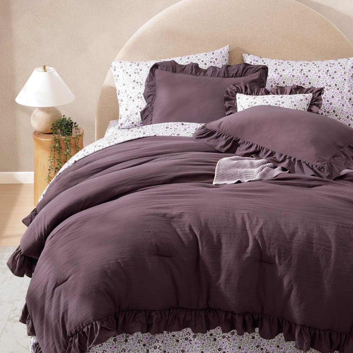 BLOOMHAVEN King Comforter Set - 7 Pieces Ruffle Purple Bedding Sets, Shabby Chic Farmhouse Bed in a Bag King with Ruffle Comforter, Floral Sheets, Pillowcases & Shams thumbnail 4