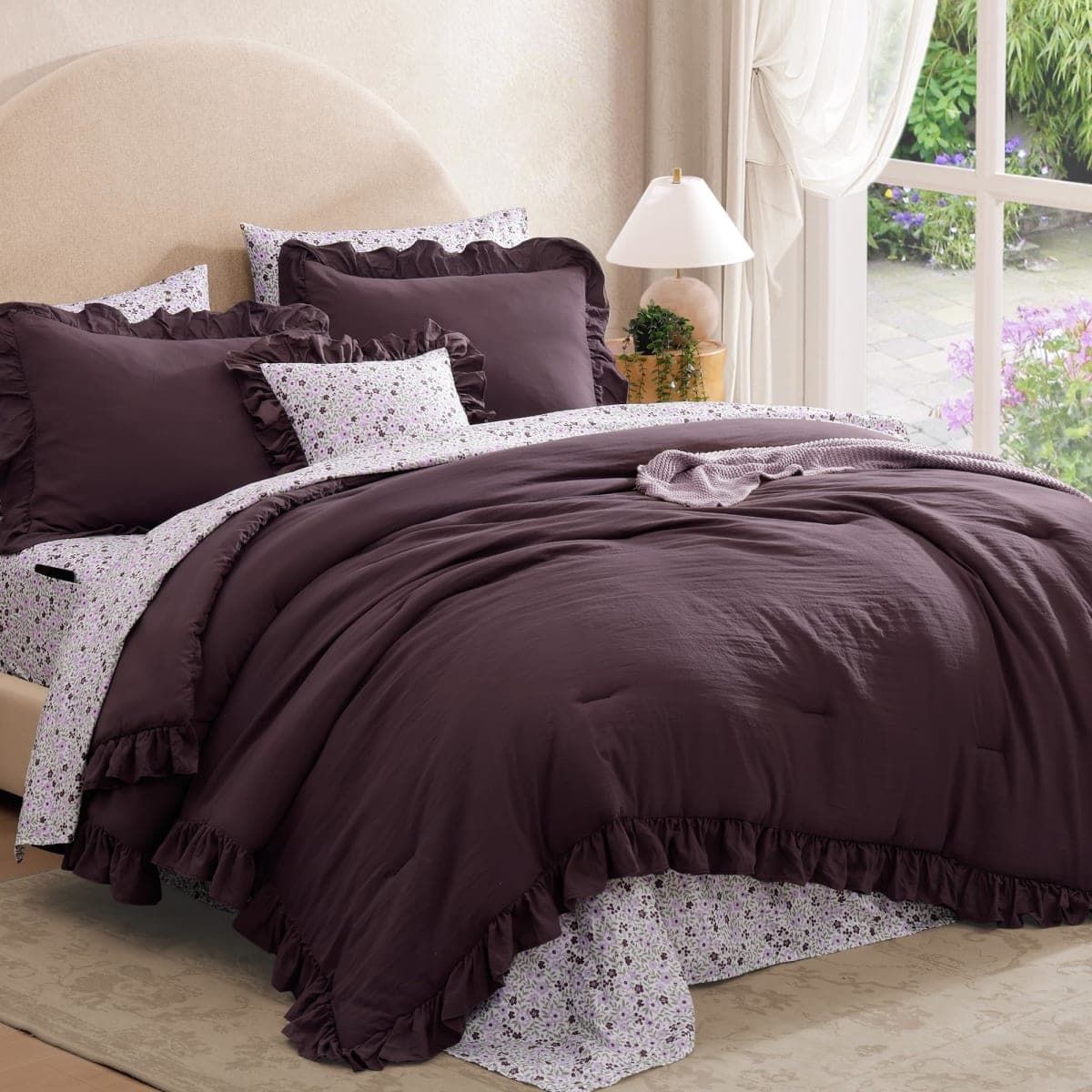 BLOOMHAVEN King Comforter Set - 7 Pieces Ruffle Purple Bedding Sets, Shabby Chic Farmhouse Bed in a Bag King with Ruffle Comforter, Floral Sheets, Pillowcases & Shams thumbnail 5