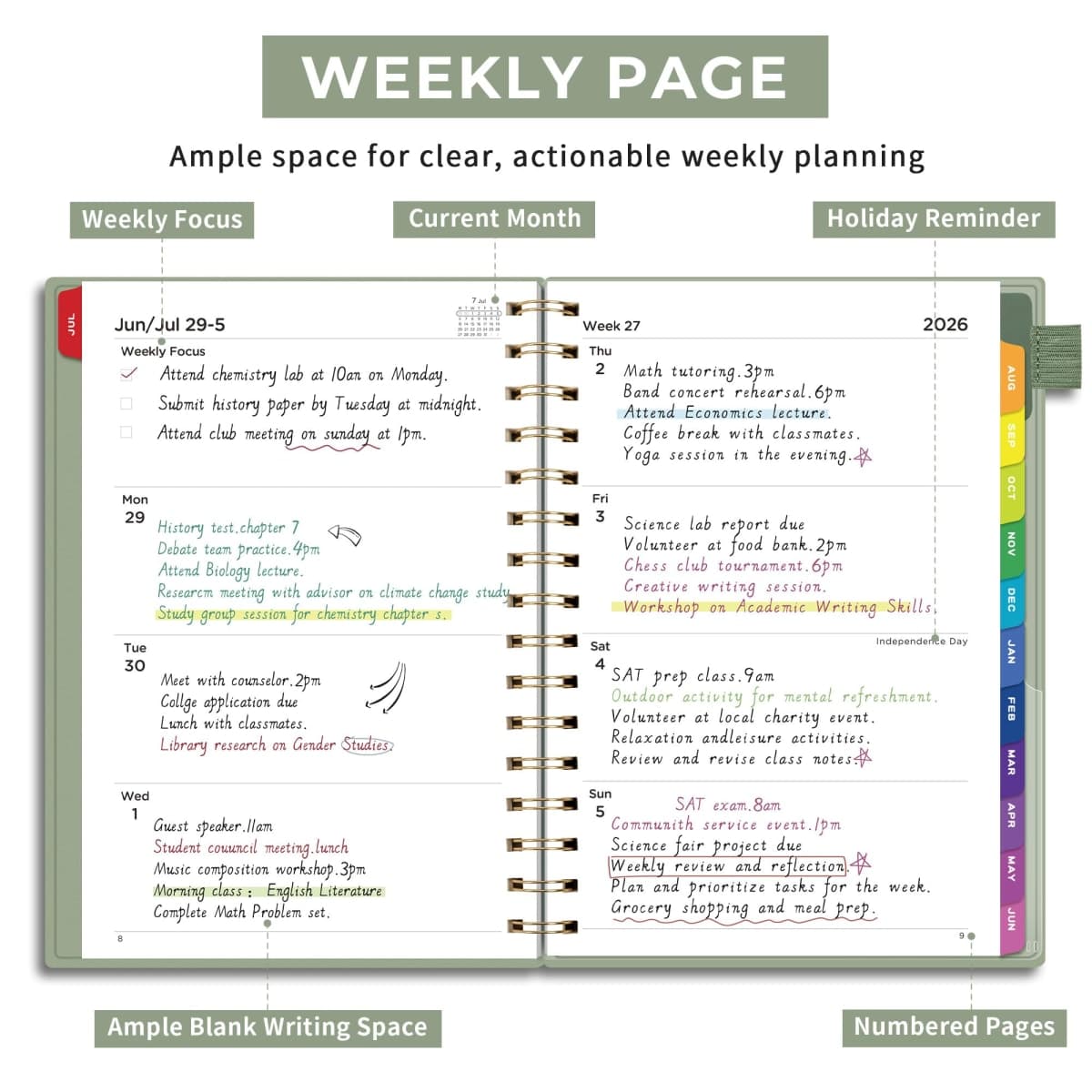 EMSHOI Academic Planner 2026-2027, Weekly and Monthly Calendar (July 2026 - June 2027), School Student Teacher Agenda Book, 100GSM Paper, PVC Cover, Colorful Tabs, A5 (6.38" x 8.35"), Black thumbnail 3