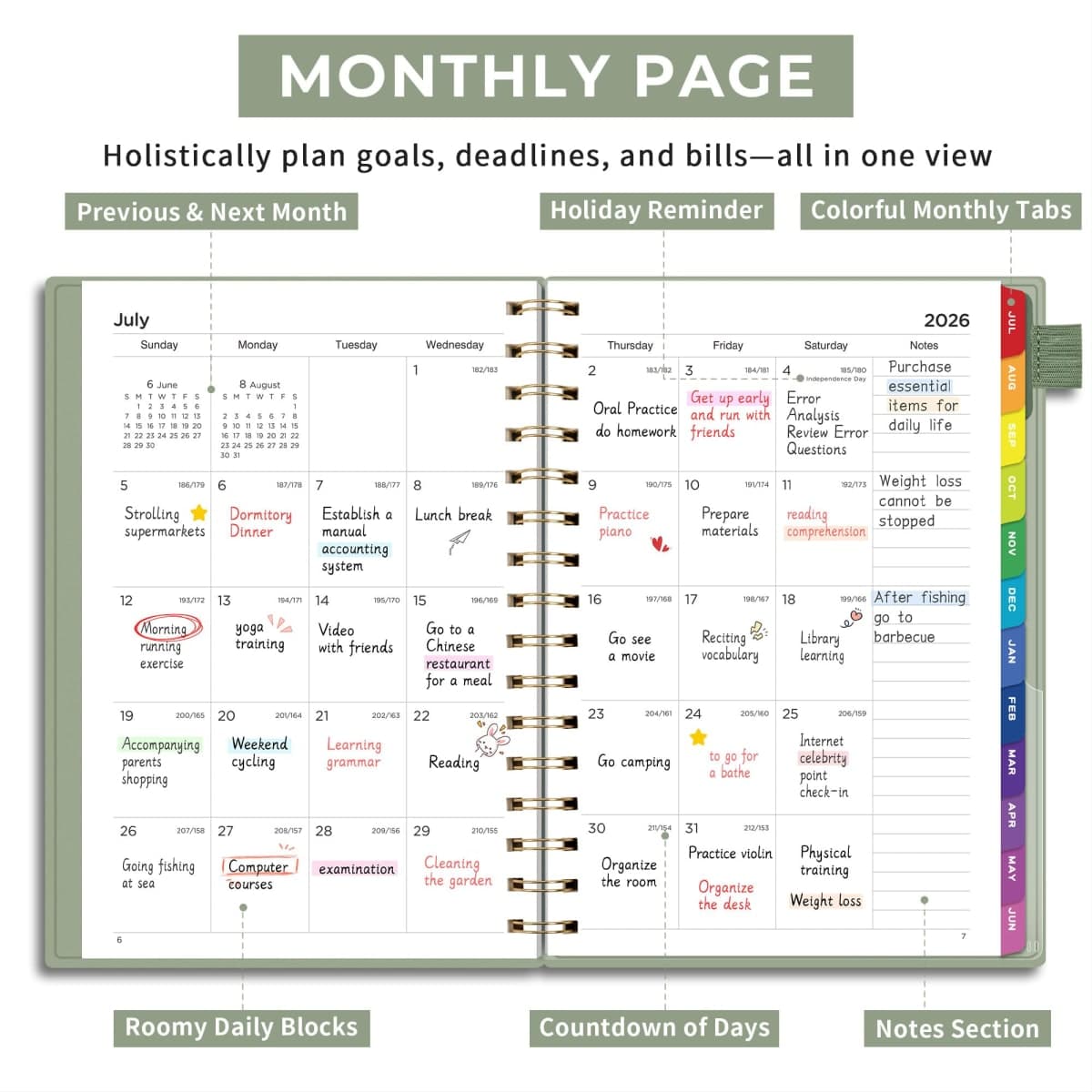 EMSHOI Academic Planner 2026-2027, Weekly and Monthly Calendar (July 2026 - June 2027), School Student Teacher Agenda Book, 100GSM Paper, PVC Cover, Colorful Tabs, A5 (6.38" x 8.35"), Black thumbnail 4