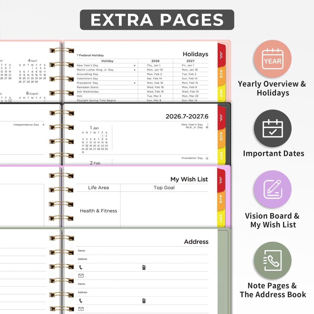 EMSHOI Academic Planner 2026-2027, Weekly and Monthly Calendar (July 2026 - June 2027), School Student Teacher Agenda Book, 100GSM Paper, PVC Cover, Colorful Tabs, A5 (6.38" x 8.35"), Black thumbnail 5