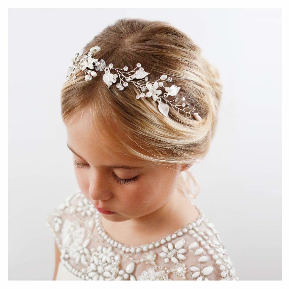 SWEETV Flower Girl Headpiece Silver Princess Wedding Headband -Baby Girls Flower Pearl Hair Accessories for Birthday Party, Photography — image 1