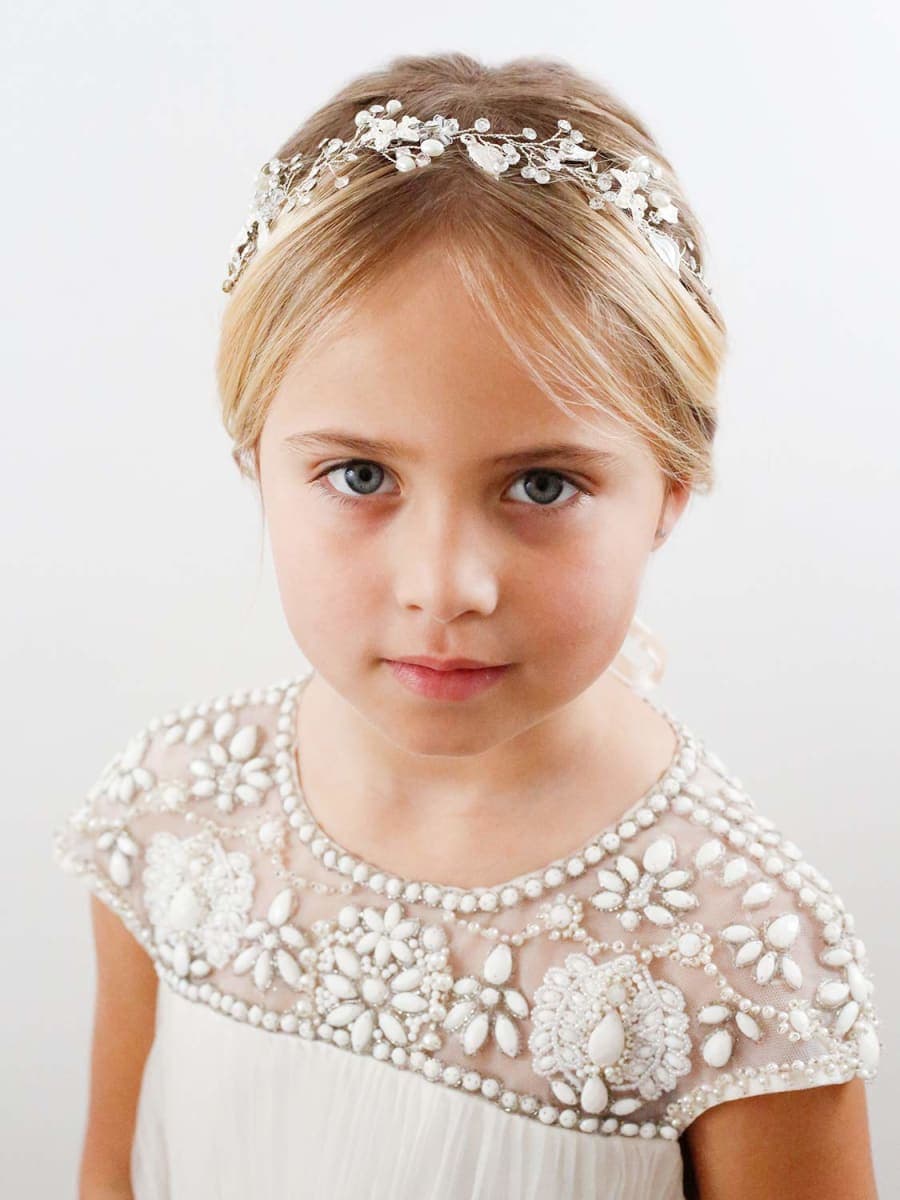 SWEETV Flower Girl Headpiece Silver Princess Wedding Headband -Baby Girls Flower Pearl Hair Accessories for Birthday Party, Photography thumbnail 2