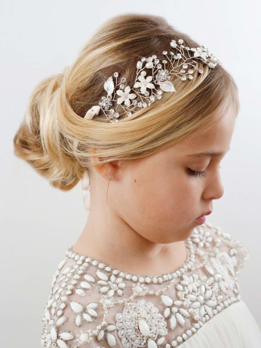SWEETV Flower Girl Headpiece Silver Princess Wedding Headband -Baby Girls Flower Pearl Hair Accessories for Birthday Party, Photography thumbnail 3