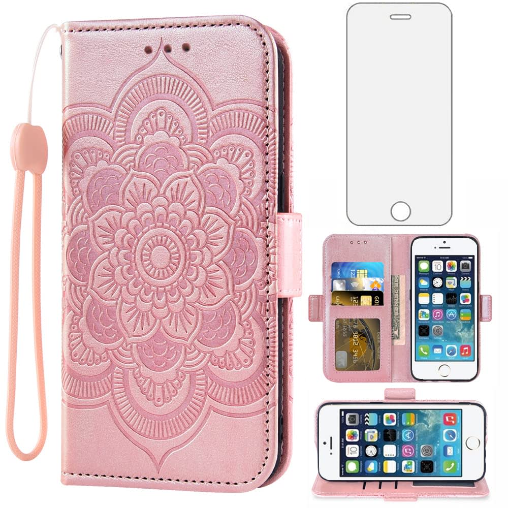 Compatible with iPhone 5S 5 SE 2016 5SE Wallet Case and Tempered Glass Screen Protector Flip Cover Card Holder Cell Phone Cases for iPhone5 iPhone5s iPhoneSE iPhone6se i 6SE iPhone5se Women Rose Gold — image 1