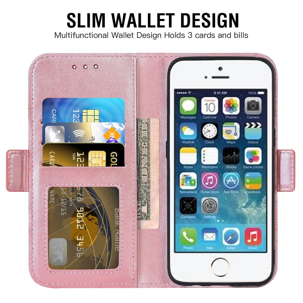 Compatible with iPhone 5S 5 SE 2016 5SE Wallet Case and Tempered Glass Screen Protector Flip Cover Card Holder Cell Phone Cases for iPhone5 iPhone5s iPhoneSE iPhone6se i 6SE iPhone5se Women Rose Gold thumbnail 3