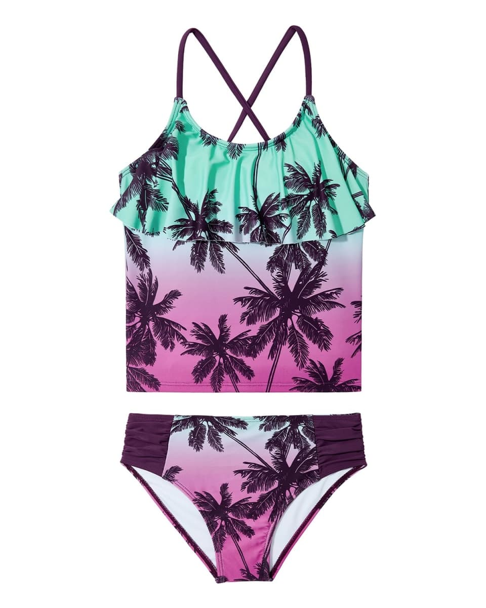 Century Star Girls Tankini Charlotte Flounce Swimsuit Two Piece Swimwear Bathing Suit Set for Summer Beach, Coconut Tree, 12-13 Years — image 1