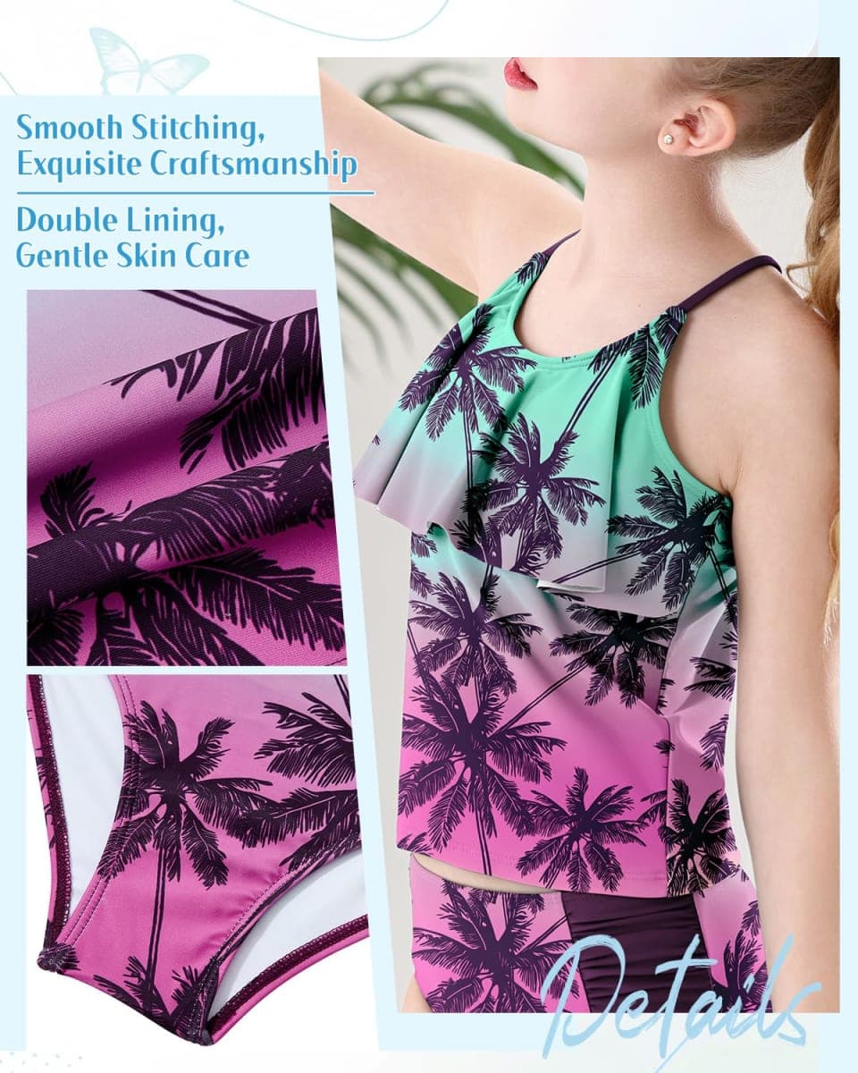 Century Star Girls Tankini Charlotte Flounce Swimsuit Two Piece Swimwear Bathing Suit Set for Summer Beach, Coconut Tree, 12-13 Years thumbnail 3