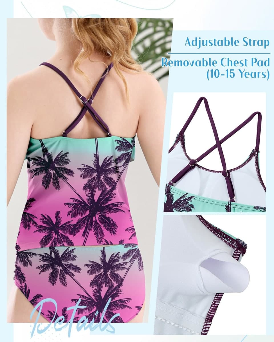 Century Star Girls Tankini Charlotte Flounce Swimsuit Two Piece Swimwear Bathing Suit Set for Summer Beach, Coconut Tree, 12-13 Years thumbnail 4