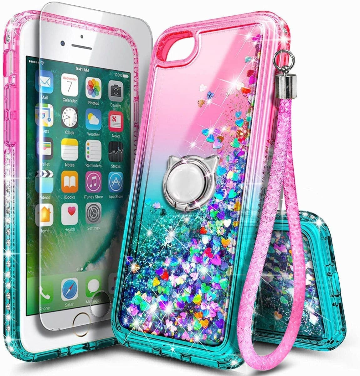 NGB Designed for iPhone 5/5S/iPhone SE (1st Generation 2016) Case, Pink/Aqua | Glitter Liquid Cute Cover for Women Girls Kids | with Tempered Glass Screen Protector & Ring Holder & Wrist Strap — image 1