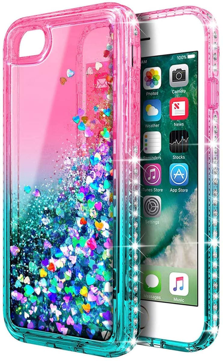 NGB Designed for iPhone 5/5S/iPhone SE (1st Generation 2016) Case, Pink/Aqua | Glitter Liquid Cute Cover for Women Girls Kids | with Tempered Glass Screen Protector & Ring Holder & Wrist Strap thumbnail 3