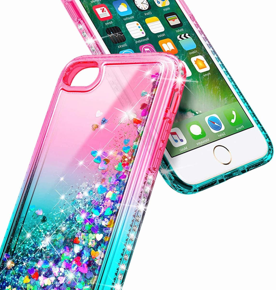 NGB Designed for iPhone 5/5S/iPhone SE (1st Generation 2016) Case, Pink/Aqua | Glitter Liquid Cute Cover for Women Girls Kids | with Tempered Glass Screen Protector & Ring Holder & Wrist Strap thumbnail 4