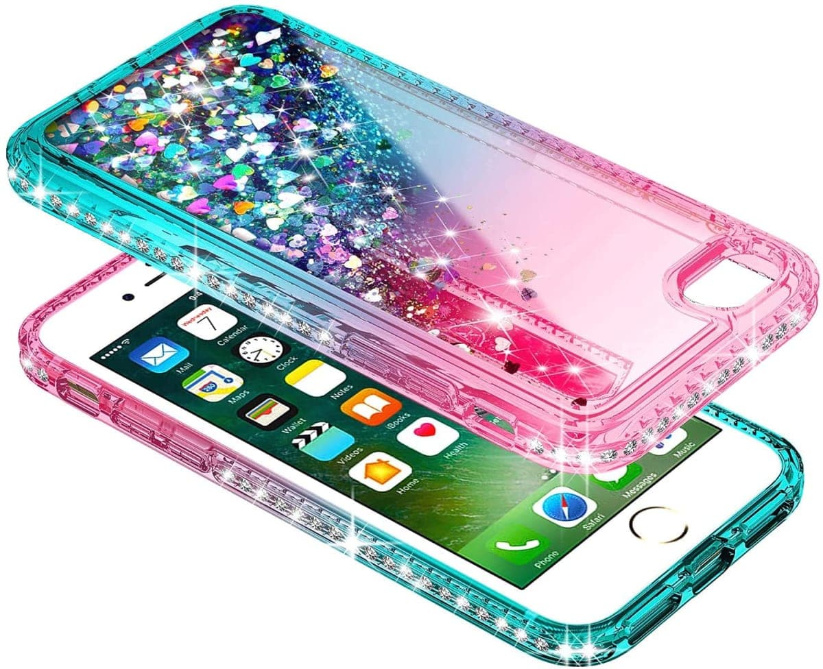 NGB Designed for iPhone 5/5S/iPhone SE (1st Generation 2016) Case, Pink/Aqua | Glitter Liquid Cute Cover for Women Girls Kids | with Tempered Glass Screen Protector & Ring Holder & Wrist Strap thumbnail 5