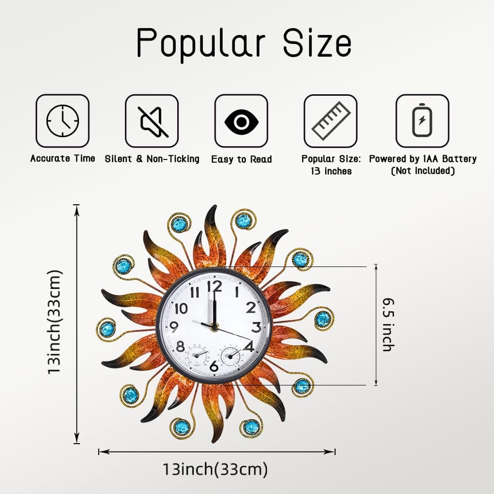 HOBYLUBY Sun Outdoor Clock with Thermometer and Hygrometer Combo, Silent No-Ticking Outdoor Wall Clock, Waterproof Quartz Clock for Patio, Living Room, Kitchen, Garden, 13 Inch thumbnail 2