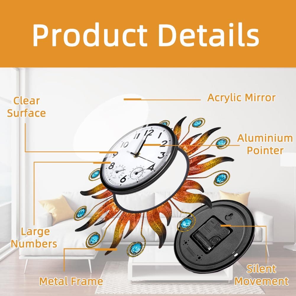 HOBYLUBY Sun Outdoor Clock with Thermometer and Hygrometer Combo, Silent No-Ticking Outdoor Wall Clock, Waterproof Quartz Clock for Patio, Living Room, Kitchen, Garden, 13 Inch thumbnail 3