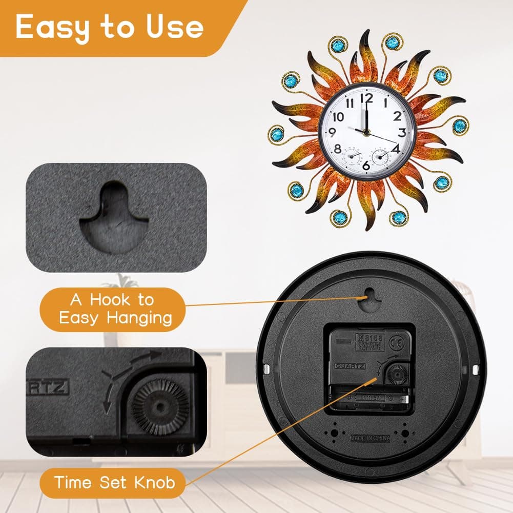 HOBYLUBY Sun Outdoor Clock with Thermometer and Hygrometer Combo, Silent No-Ticking Outdoor Wall Clock, Waterproof Quartz Clock for Patio, Living Room, Kitchen, Garden, 13 Inch thumbnail 5