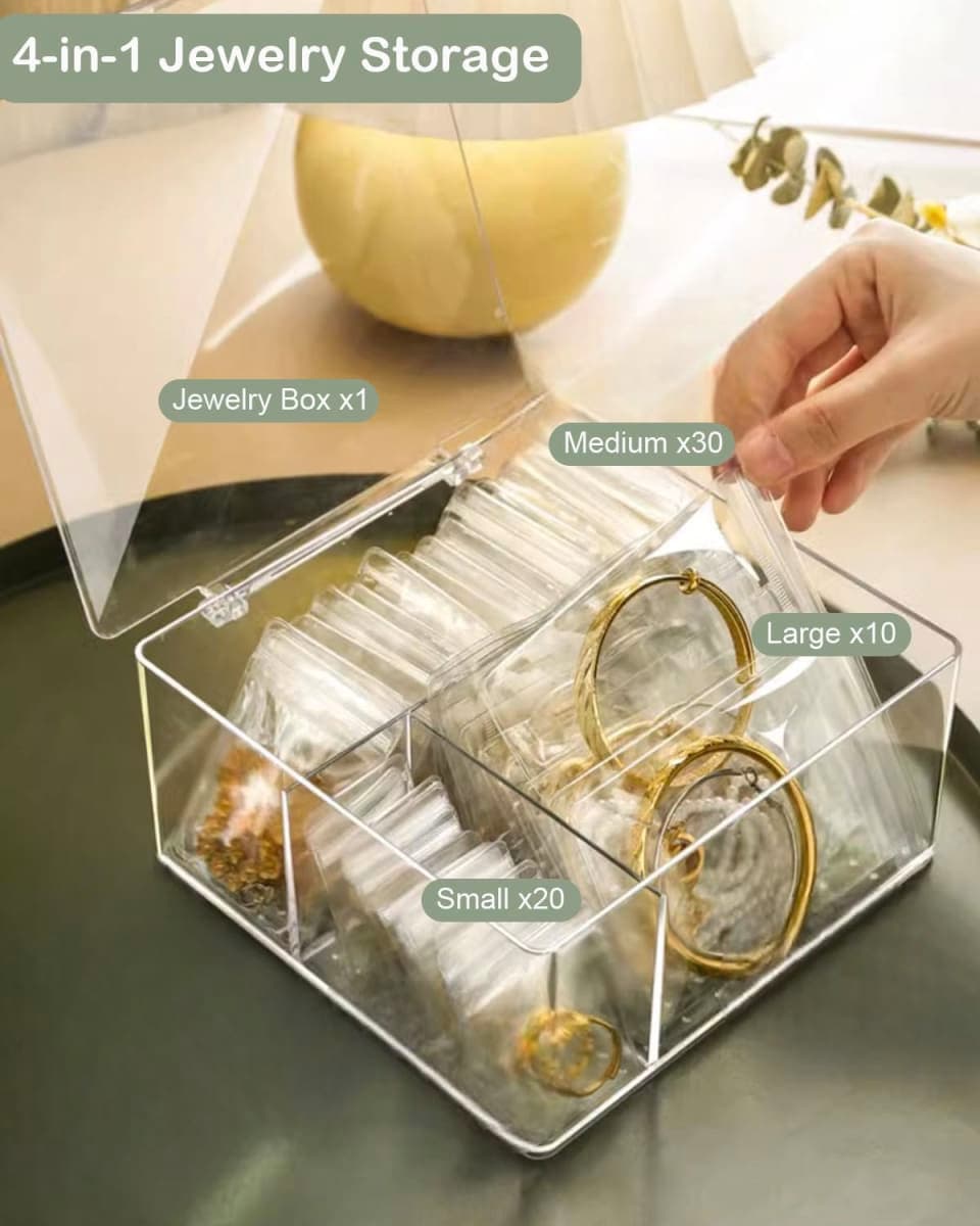 2 Pack 4 In 1 Acrylic Jewelry Organizers and Storage with 120 Portable Anti Tarnish Jewelry Bags, Clear Jewelry Box Organizer, Travel Jewelry Case for Earrings/Rings/Necklaces for Women Girls thumbnail 2