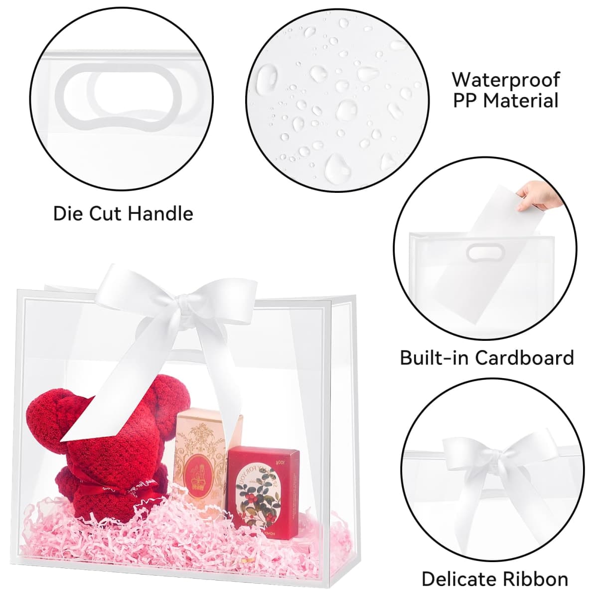 Ohuimrt 12 Pack Clear Gift Bags with Handles, Reusable PP Plastic Party Favor Bags with Ribbon for Birthdays, Weddings, Mother's Day, 12 x 10 x 5 Inch (White) thumbnail 3