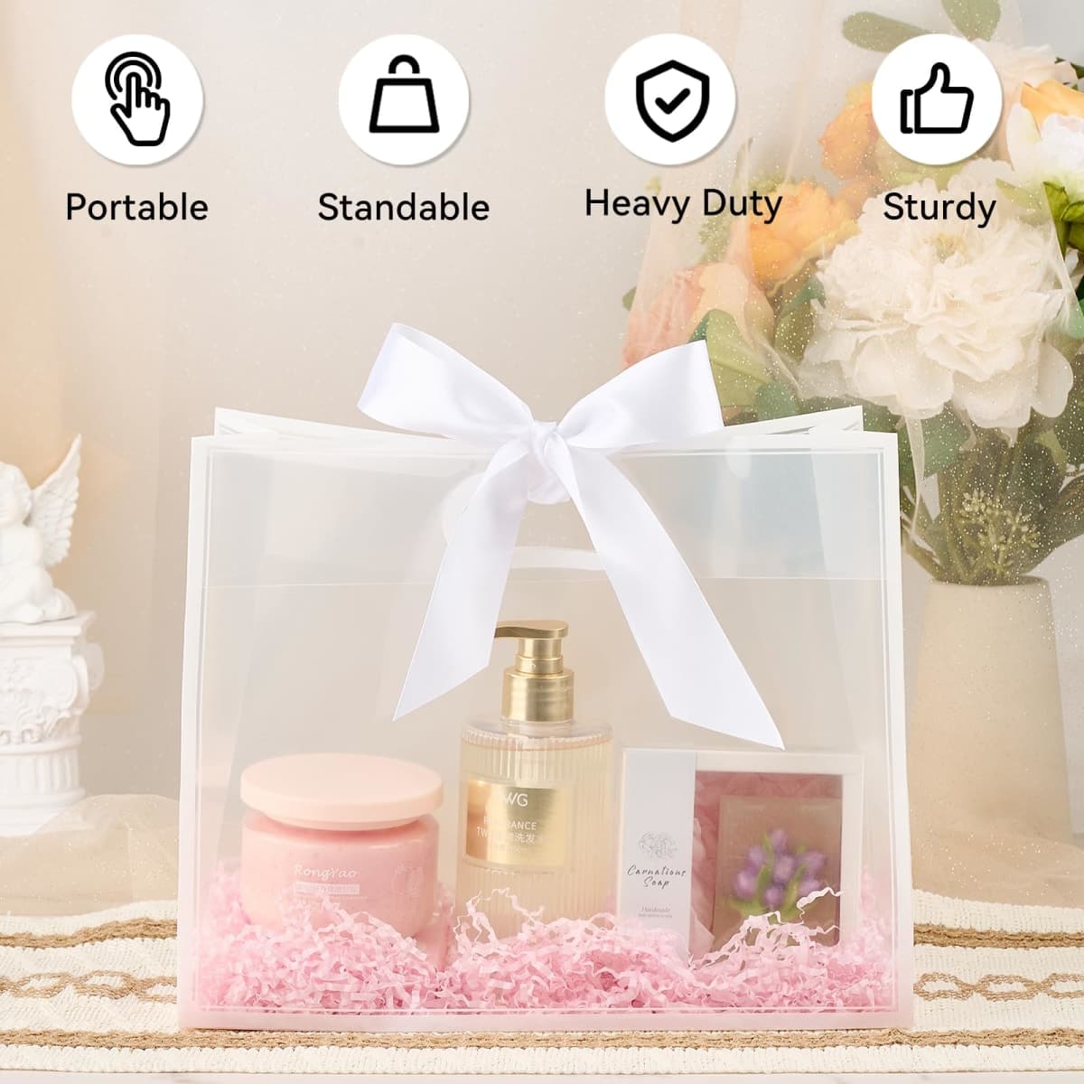Ohuimrt 12 Pack Clear Gift Bags with Handles, Reusable PP Plastic Party Favor Bags with Ribbon for Birthdays, Weddings, Mother's Day, 12 x 10 x 5 Inch (White) thumbnail 4