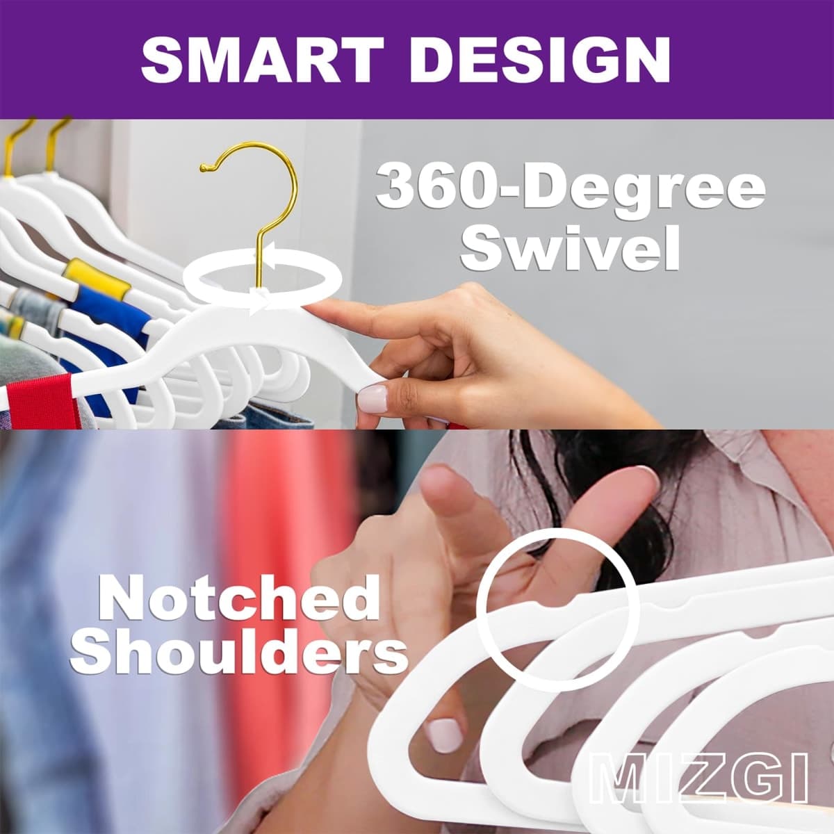 MIZGI Premium Velvet Hangers Pack 60 Pcs Heavyduty - Non Slip Slimline - Velvet Suit Hanger White - Gold Hooks,Space Saving Clothes Hanger thumbnail 3