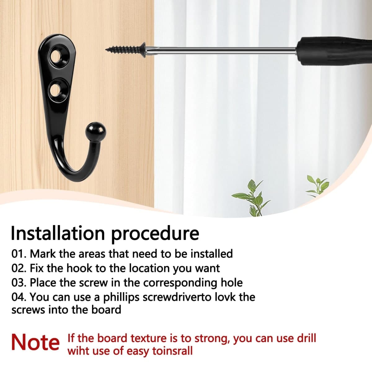 10 Pack Command Hooks, Black Heavy Duty Metal Shower Curtain Hooks with 20 Pieces Screws for Bathroom, Kitchen, Closet, and Garage, Easy to Use thumbnail 4