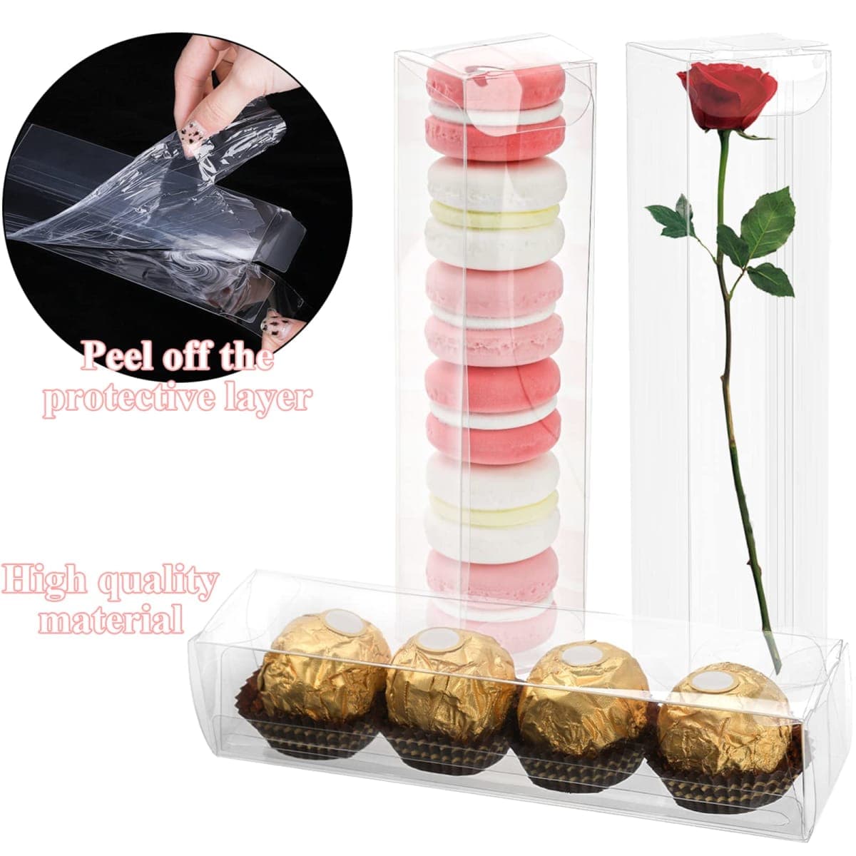 DEAYOU 50 PCS Clear Favor Boxes, Small Transparent Candy Gift Box, Plastic Rectangle Chocolate Packaging Box with Insert for Cookie, Treat, Macaron, Wedding, Party, Gift Wrapping, 6.2" x 1.4" x 1.3" thumbnail 4