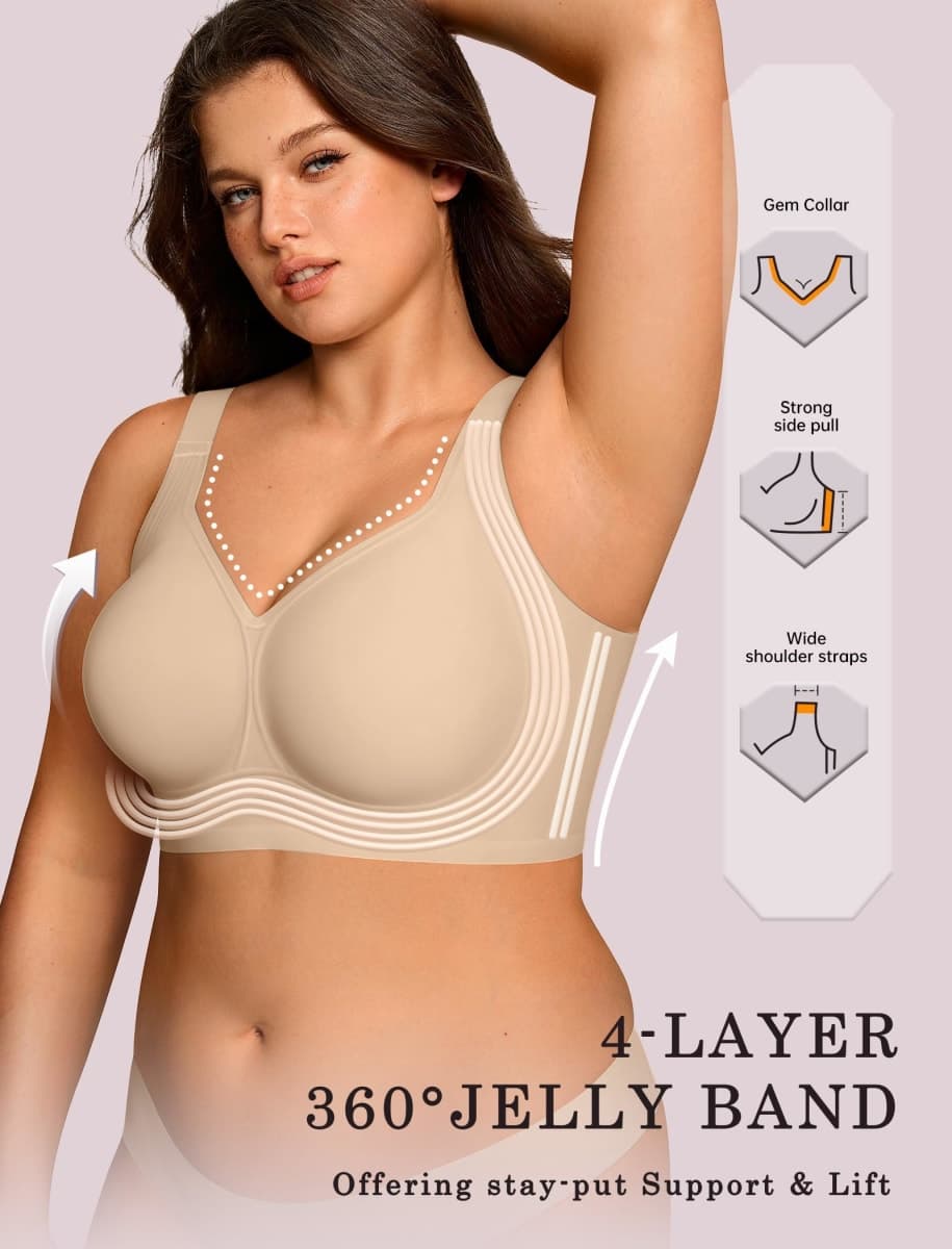 OEAK Womens Wireless Jelly Bra Plus Size Supportive Seamless Bras Full Coverage Push Up Comfortable No Underwire Tshirt Bras, Creamy Beige, 5X-Large thumbnail 2