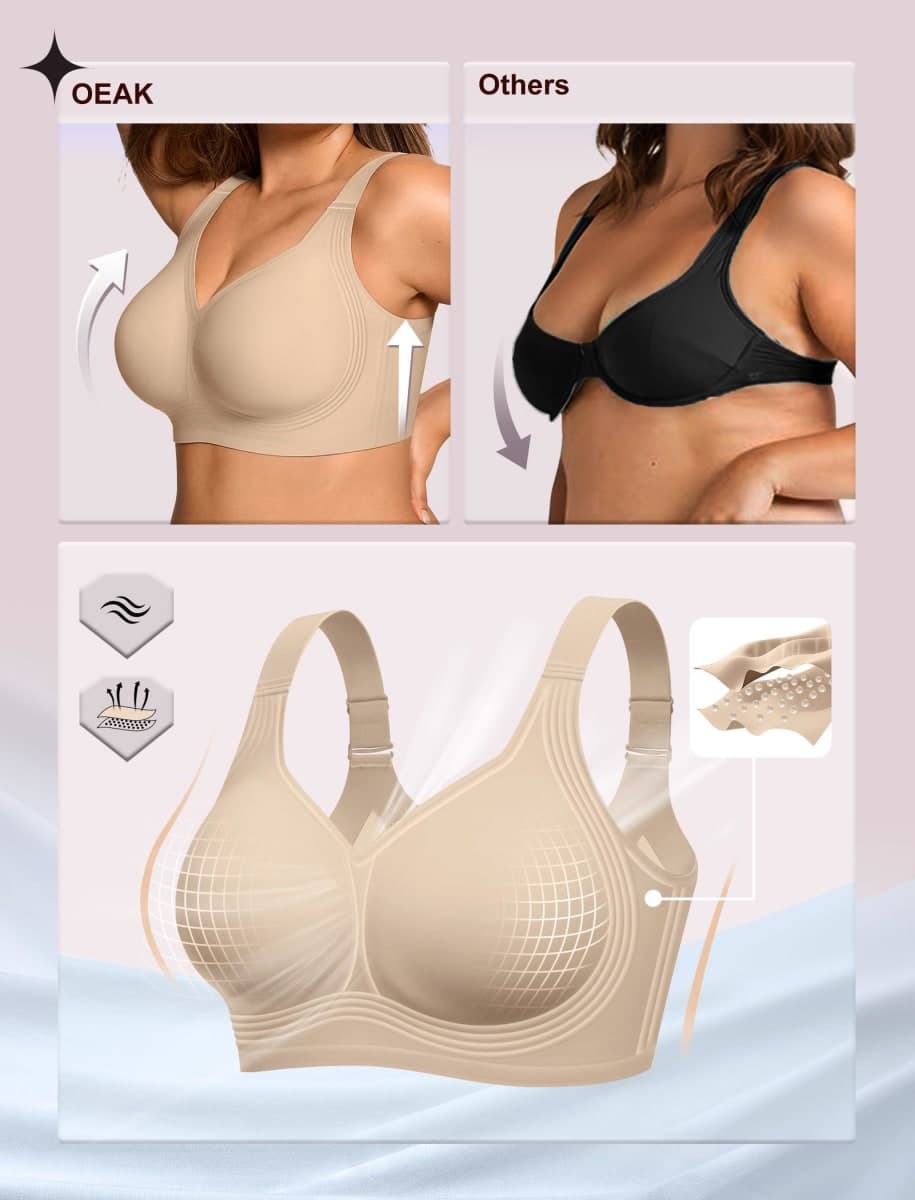 OEAK Womens Wireless Jelly Bra Plus Size Supportive Seamless Bras Full Coverage Push Up Comfortable No Underwire Tshirt Bras, Creamy Beige, 5X-Large thumbnail 4