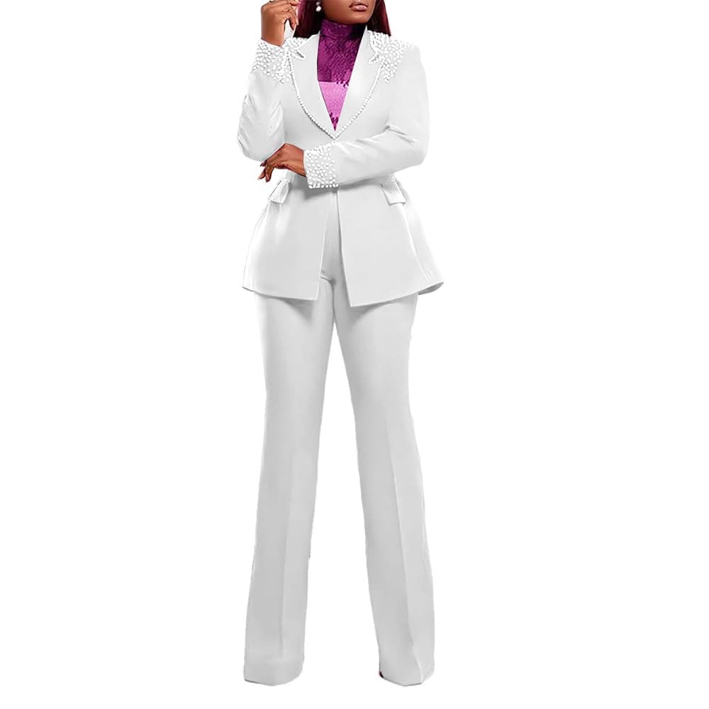 HuiSiFang Women 2 Piece Blazer Sets Elegant Pearl Dressy Pant Suits Business Casual Blazer Outfits Work Office, White, Large — image 1