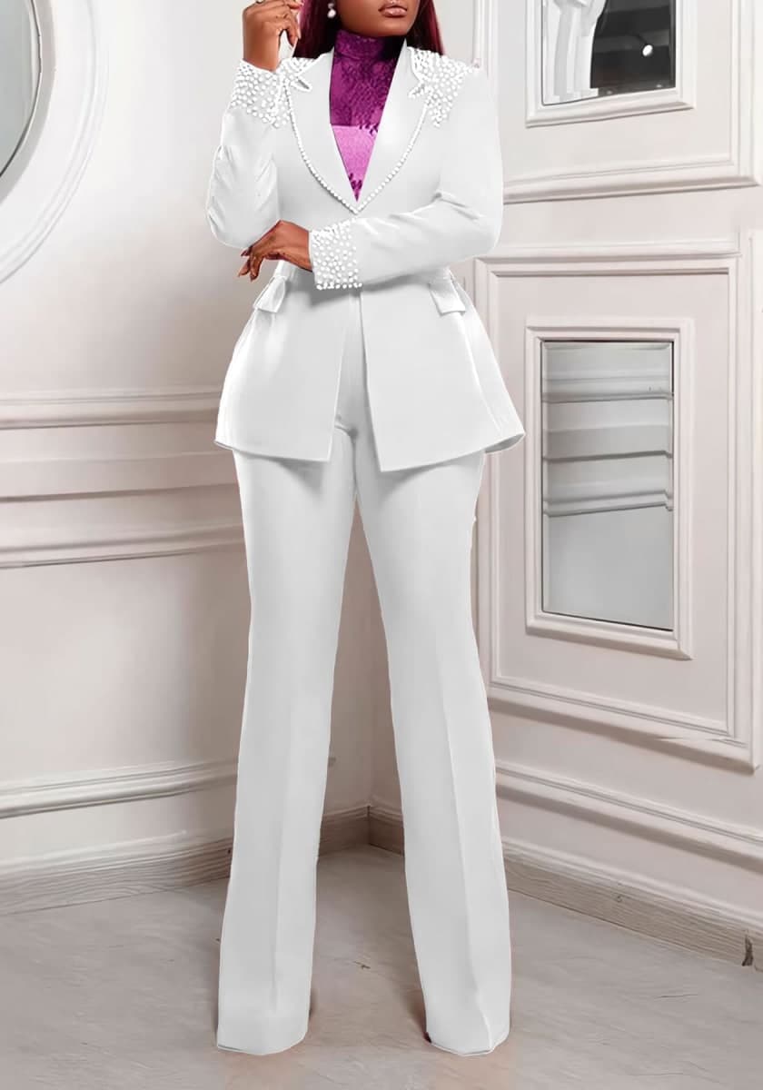 HuiSiFang Women 2 Piece Blazer Sets Elegant Pearl Dressy Pant Suits Business Casual Blazer Outfits Work Office, White, Large thumbnail 2