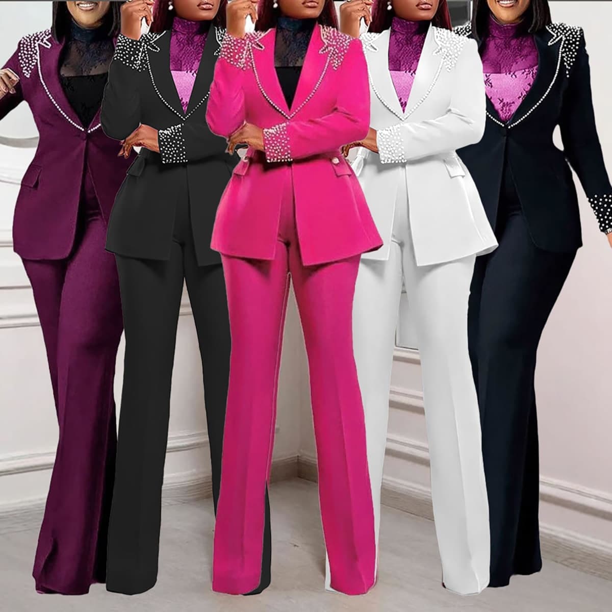HuiSiFang Women 2 Piece Blazer Sets Elegant Pearl Dressy Pant Suits Business Casual Blazer Outfits Work Office, White, Large thumbnail 3
