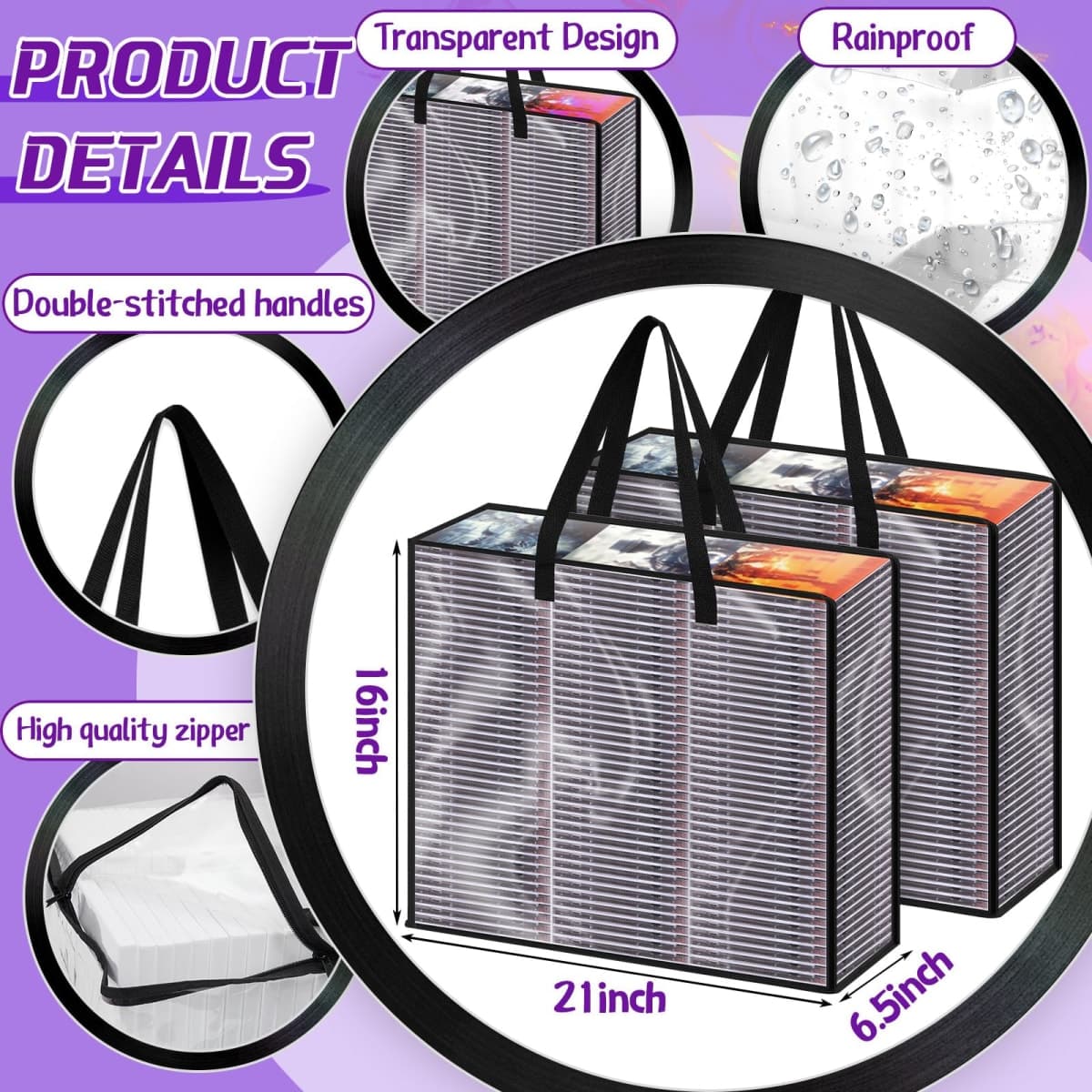 Buryeah Set of 2 DVD Storage Bags, Storage Case Holder Organizer Holds up to 360 DVDs Clear Plastic Bags Video Game with Carrying Handles and Zipper, Media Organizer for Movie VHS(Black) thumbnail 2