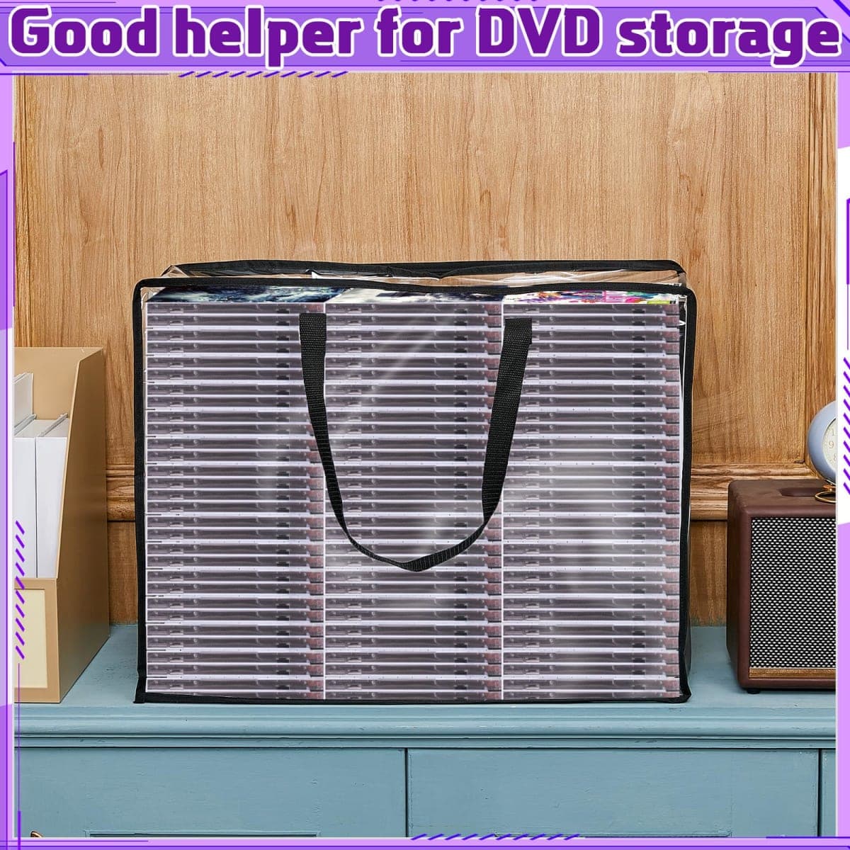 Buryeah Set of 2 DVD Storage Bags, Storage Case Holder Organizer Holds up to 360 DVDs Clear Plastic Bags Video Game with Carrying Handles and Zipper, Media Organizer for Movie VHS(Black) thumbnail 5