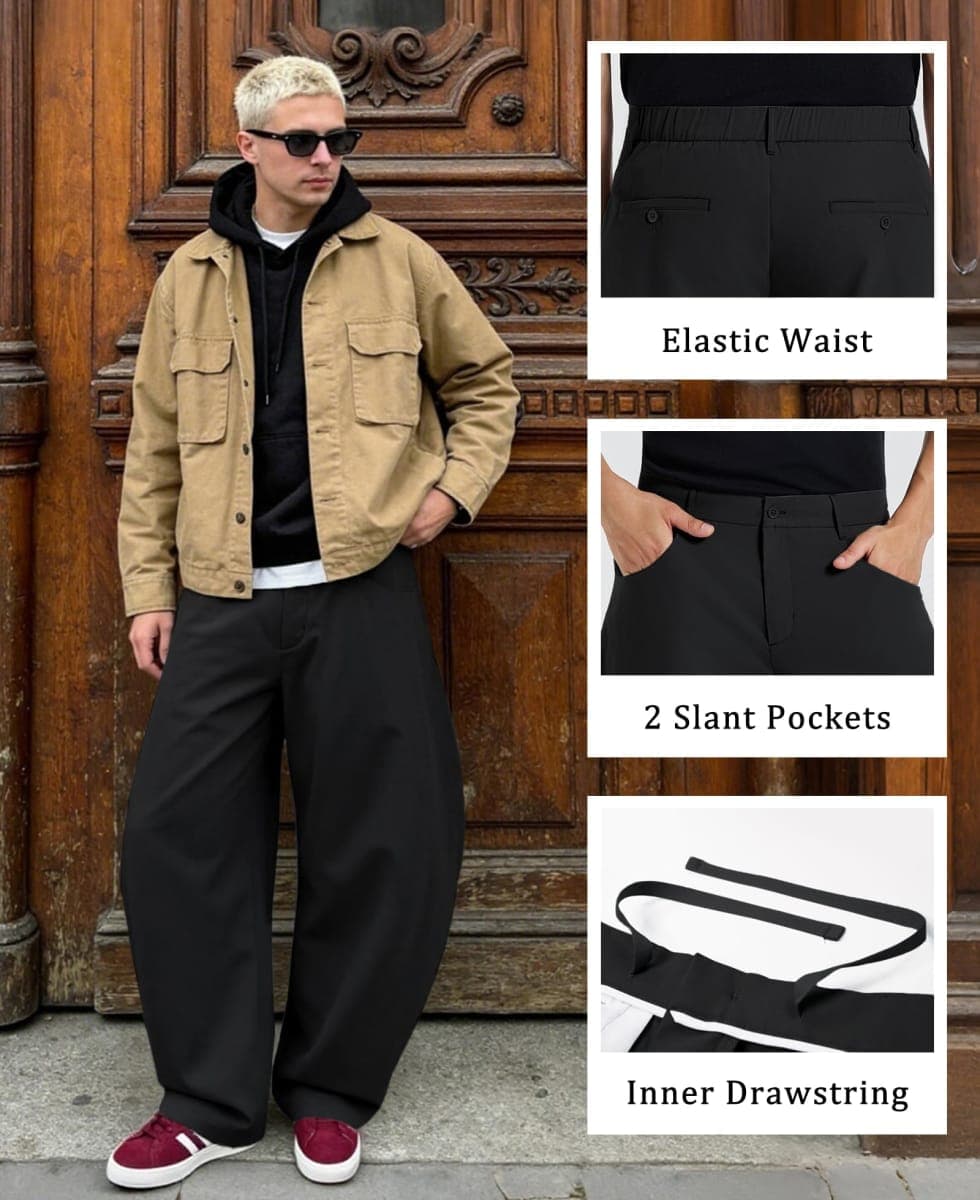 Susclude Men's Barrel Lounge Pants Wide Leg Lightweight Trendy Pant Elastic Waist Loose Casual Comfy Summer Beach Trousers Black thumbnail 5
