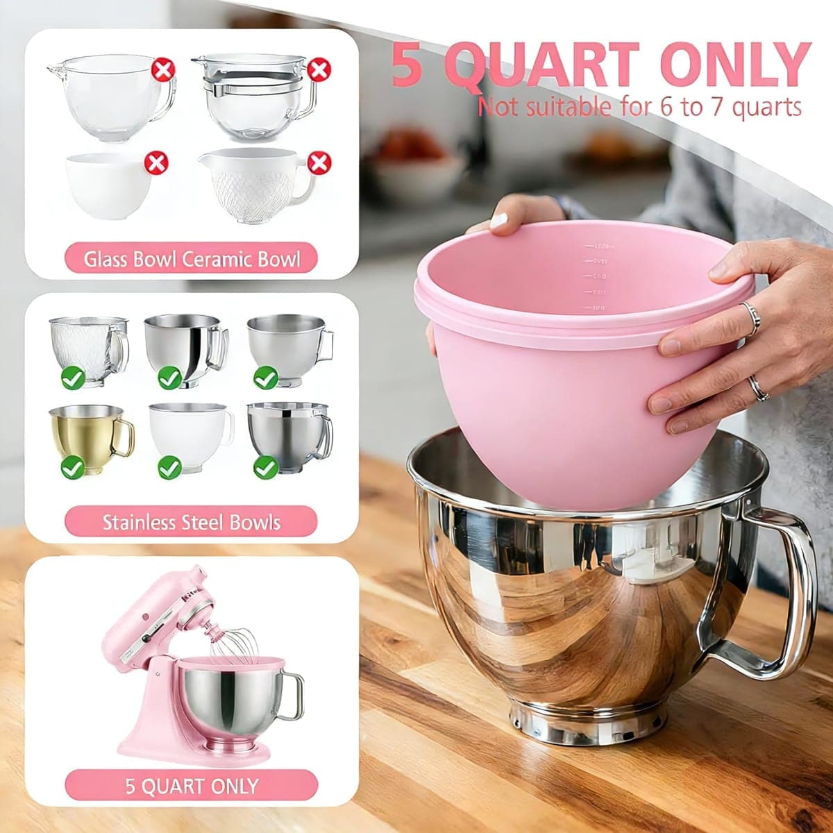 Silicone Bowl Liners for 5 Qt KitchenAid Mixers, 3 Liners with Lids thumbnail 2