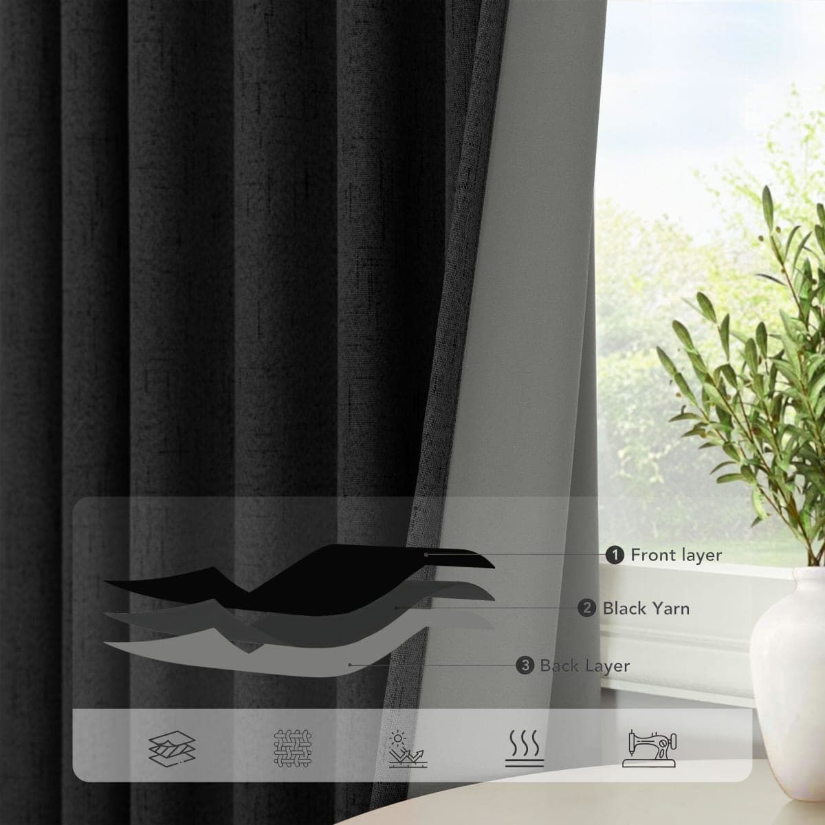 Pitalk Black Faux Linen Drapes and Curtains Blackout for Bedroom 52x90 Inches Long thumbnail 5