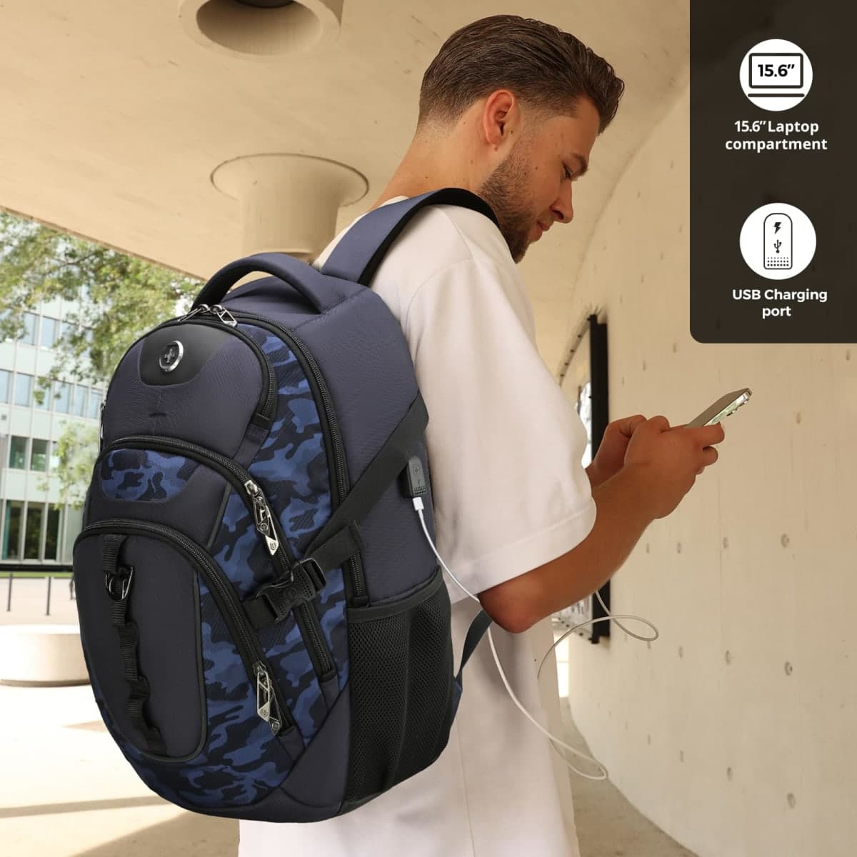 swissdigital Business Travel Laptop Backpack-for Man and Woman with Smart USB Charging Port Fits 15.6 inches laptops, Blue, Black/Blue, Standard, Travel thumbnail 2