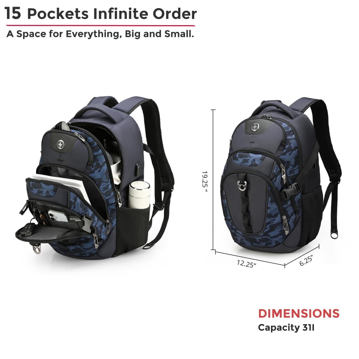 swissdigital Business Travel Laptop Backpack-for Man and Woman with Smart USB Charging Port Fits 15.6 inches laptops, Blue, Black/Blue, Standard, Travel thumbnail 5