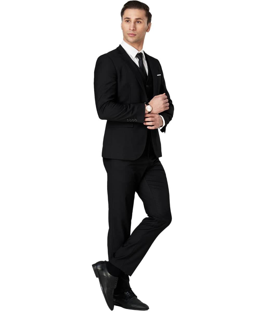 DEETRUST Men's 3 Piece Slim Fit Suit Set, 2 Button Blazer Jacket Vest Pants with Tie, Mens Suit for Party, Wedding & Business, Black, Medium thumbnail 4