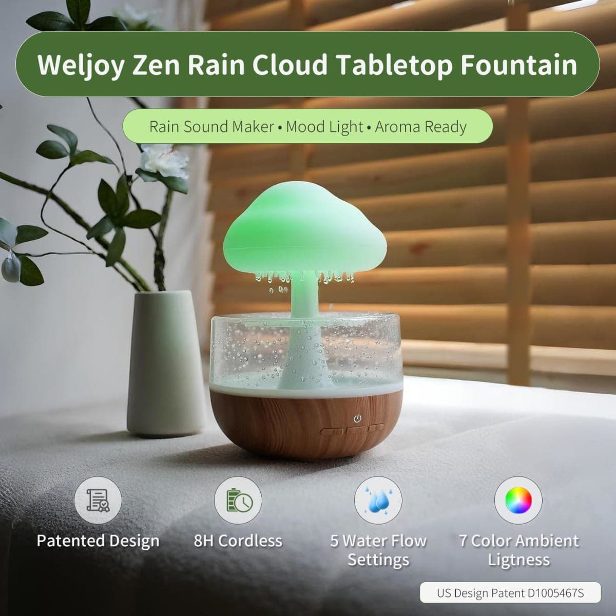 Weljoy Mushroom Cloud Rain Lamp, 7 Color Changing LED Tabletop Fountain with Water Drip Sounds, USB Rechargeable Desk Decor for Home, Office (Wood Grain Base) thumbnail 2