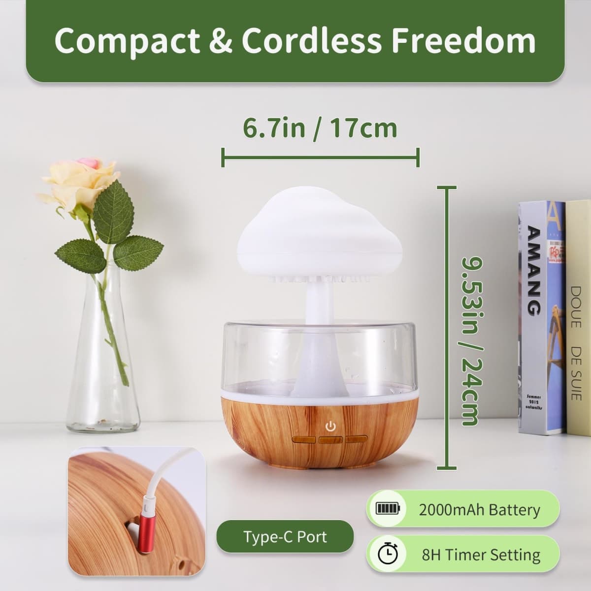 Weljoy Mushroom Cloud Rain Lamp, 7 Color Changing LED Tabletop Fountain with Water Drip Sounds, USB Rechargeable Desk Decor for Home, Office (Wood Grain Base) thumbnail 3