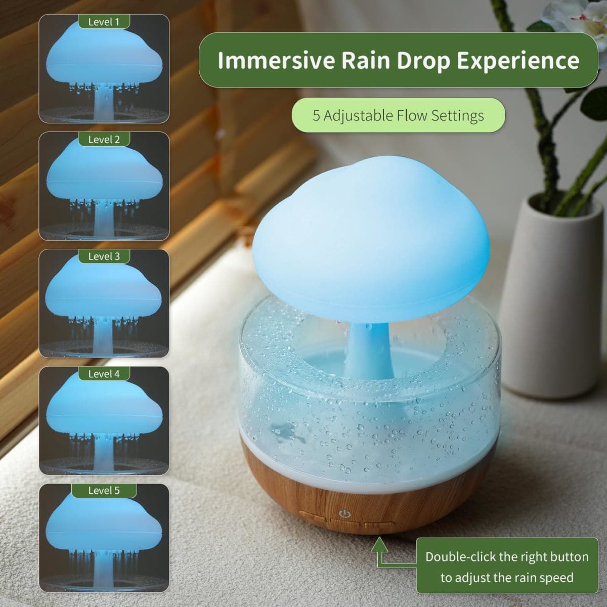 Weljoy Mushroom Cloud Rain Lamp, 7 Color Changing LED Tabletop Fountain with Water Drip Sounds, USB Rechargeable Desk Decor for Home, Office (Wood Grain Base) thumbnail 5