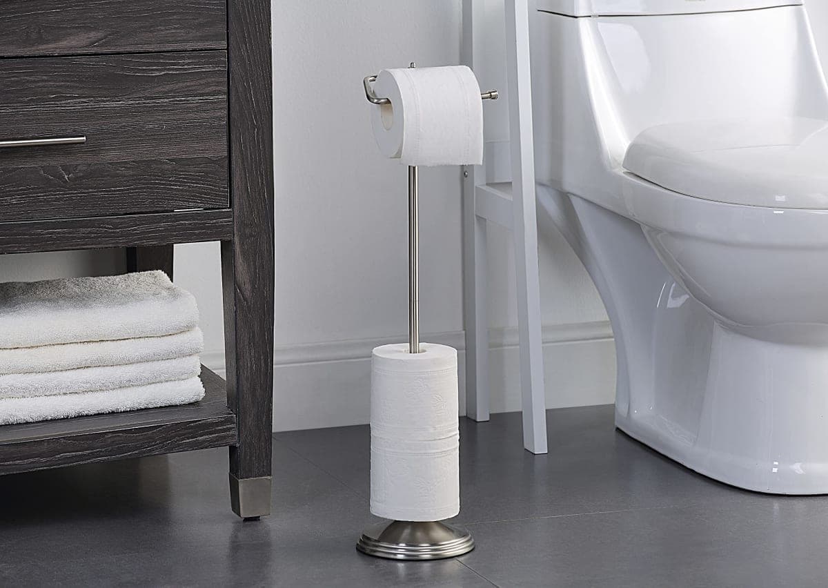 SunnyPoint Bathroom Free Standing Toilet Tissue Paper Roll Holder Stand with Reserve Function, Satin Nickel thumbnail 2