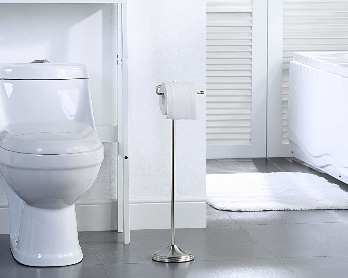 SunnyPoint Bathroom Free Standing Toilet Tissue Paper Roll Holder Stand with Reserve Function, Satin Nickel thumbnail 3
