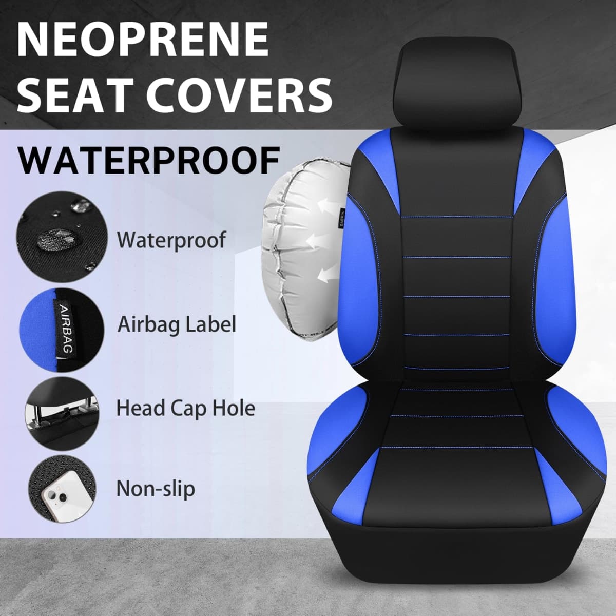 CAR PASS Neoprene Wetsuit Seat Covers, Waterproof Car Seat Covers Front with 5mm Composite EVA, Universal Fit for Vans, Truck, SUV TrucksAnti Slip with Armrests, Airbag Compatible(Black and Blue thumbnail 3