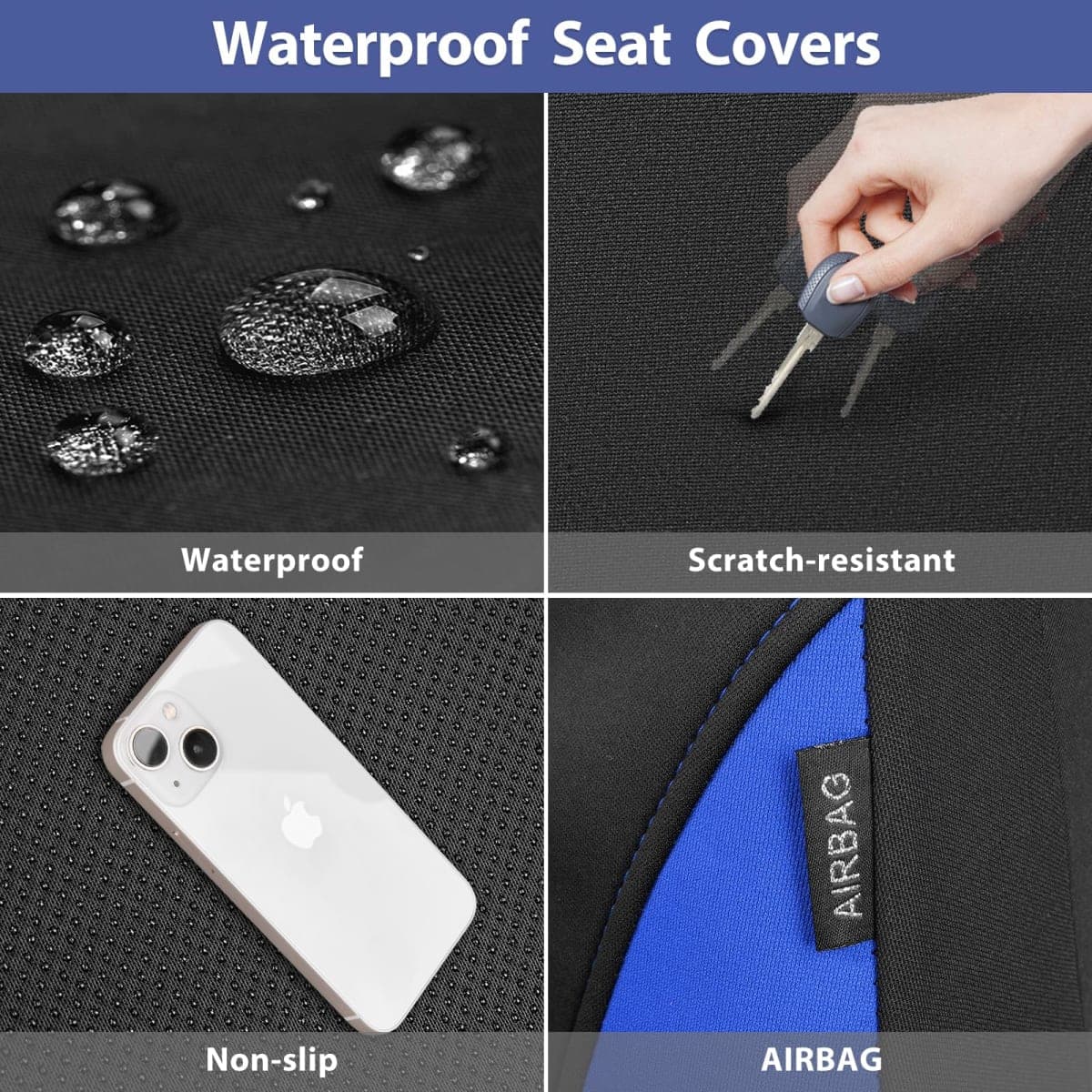 CAR PASS Neoprene Wetsuit Seat Covers, Waterproof Car Seat Covers Front with 5mm Composite EVA, Universal Fit for Vans, Truck, SUV TrucksAnti Slip with Armrests, Airbag Compatible(Black and Blue thumbnail 5