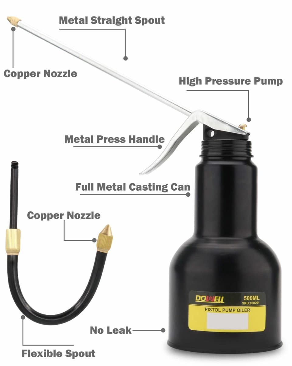 DOWELL Pistol Pump Oiler Metal Oil Can Lubrication Oil Gun 16oz 500ml Can Bottle with 2-Pieces Straight Spout Black HY050201 thumbnail 2