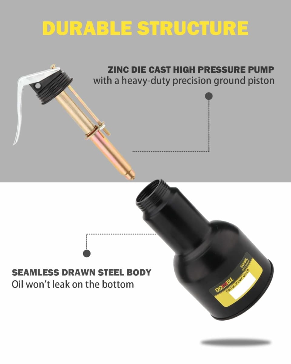 DOWELL Pistol Pump Oiler Metal Oil Can Lubrication Oil Gun 16oz 500ml Can Bottle with 2-Pieces Straight Spout Black HY050201 thumbnail 3