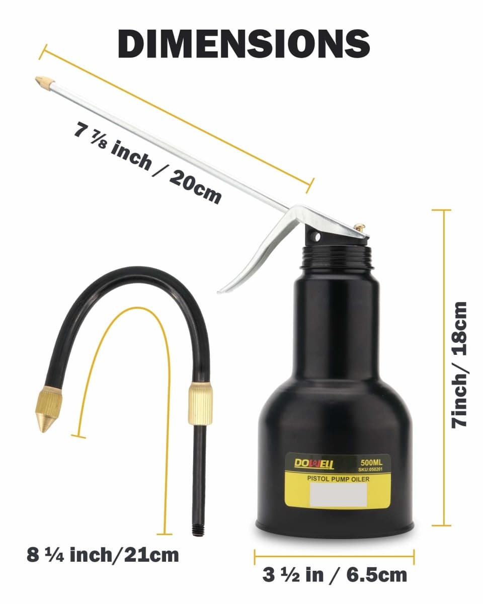 DOWELL Pistol Pump Oiler Metal Oil Can Lubrication Oil Gun 16oz 500ml Can Bottle with 2-Pieces Straight Spout Black HY050201 thumbnail 4