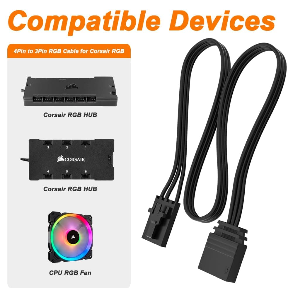DKARDU 4 Pin to 3 Pin RGB Adapter Cable for Corsair RGB, 5V 3Pin ARGB Device Connector Cord, Lighting Node CORE, Commander CORE and iCUE Commander CORE-XT, Smart Lighting (10cm/3.94in, 3pcs) thumbnail 4